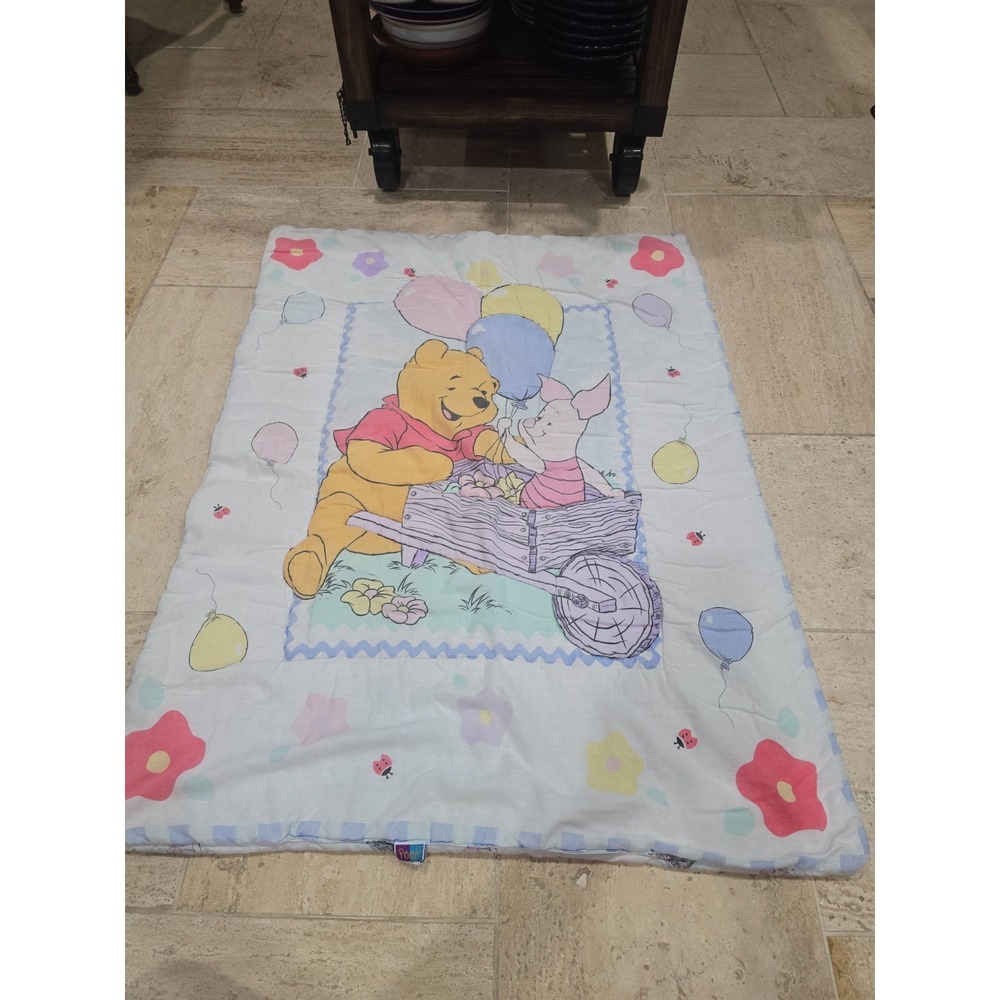 Vintage Winnie the Pooh Crib Comforter Piglet Wheelbarrow Wagon Reversible Rare